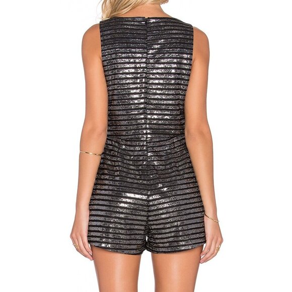 Revolve MINKPINK Size M GLIMMER OF HOPE BLACK SILVER METALLIC STRIPED ROMPER - Picture 2 of 14